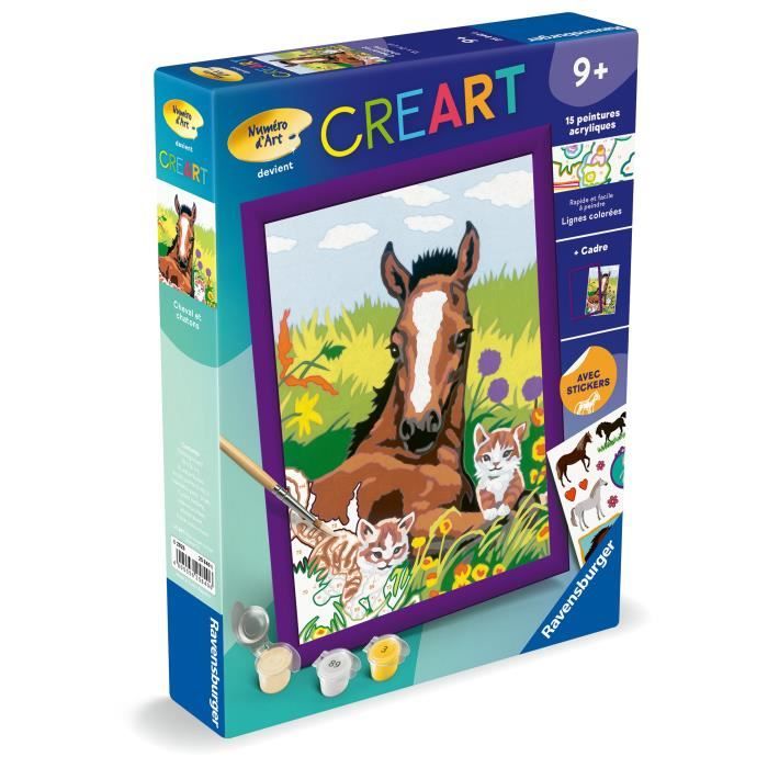 CreArt Kids 18x24cm Cavallo e Gattini, Kit Dipingi con i Numeri, Numero d&