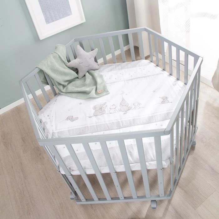 Box ROBA Hegaxonal - Rivestimento imbottito - Motivo elefante - 6 ruote frenate - Legno laccato tortora