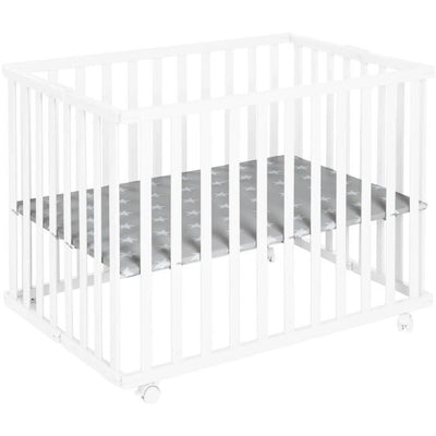 Box pieghevole per bambini - ROBA - LITTLE STARS - 75 x 100 cm - Altezza regolabile - 4 ruote frenate - Legno laccato bianco - Motivo a stelle