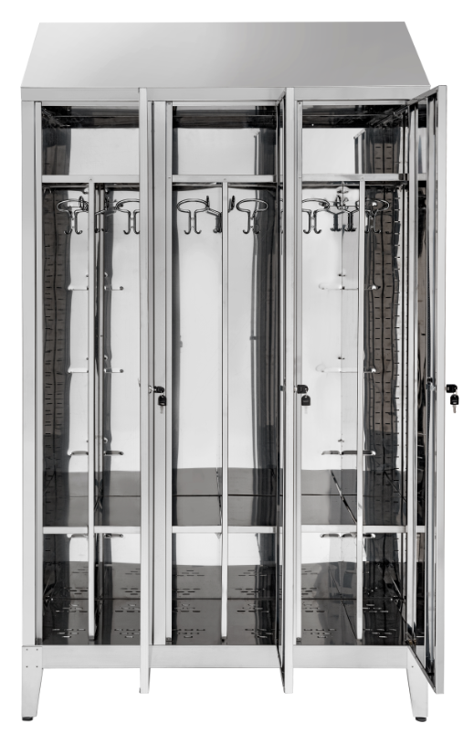 Armadio spogliatoio in acciaio inox AISI 430 a 3 posti a 3 ante con tramezza sporco/pulito cm. 120x50x215h