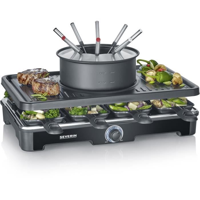 Combo Raclette-Fondue - SEVERIN - RG2347 - 8 persone - Caquelon con 8 forchette e 8 spatole - Nero