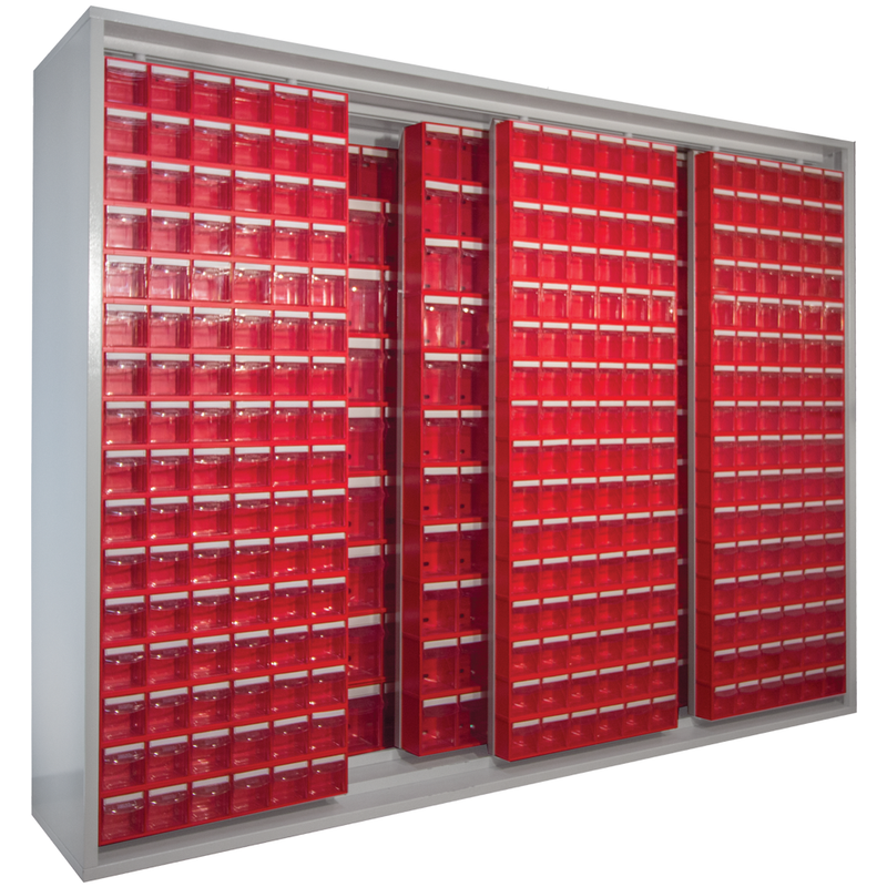 Armadio Madia in metallo con pannelli scorrevoli e cassetti porta minuteria cm. 248x60x195h