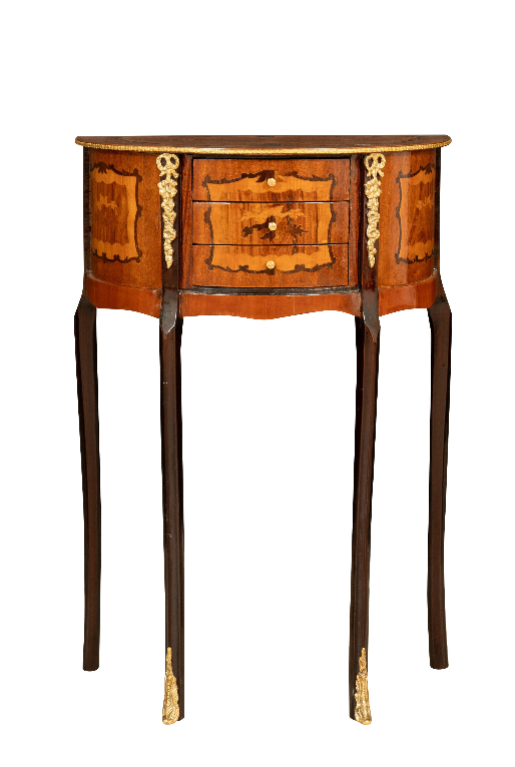 Biscottini Consolle a mezzaluna in legno impiallacciato noce arricchito con particolari intarsi fatti a mano e decori in bronzo