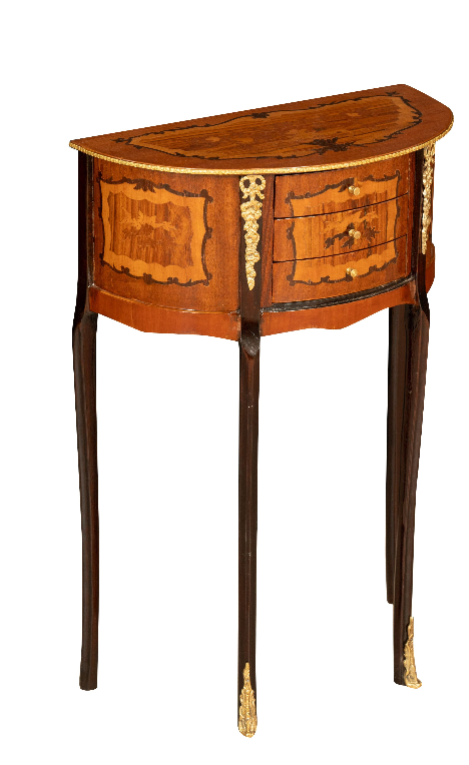 Biscottini Consolle a mezzaluna in legno impiallacciato noce arricchito con particolari intarsi fatti a mano e decori in bronzo