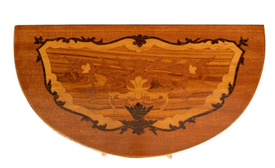 Biscottini Consolle a mezzaluna in legno impiallacciato noce arricchito con particolari intarsi fatti a mano e decori in bronzo