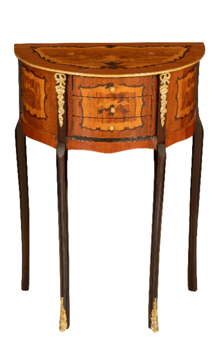 Biscottini Consolle a mezzaluna in legno impiallacciato noce arricchito con particolari intarsi fatti a mano e decori in bronzo