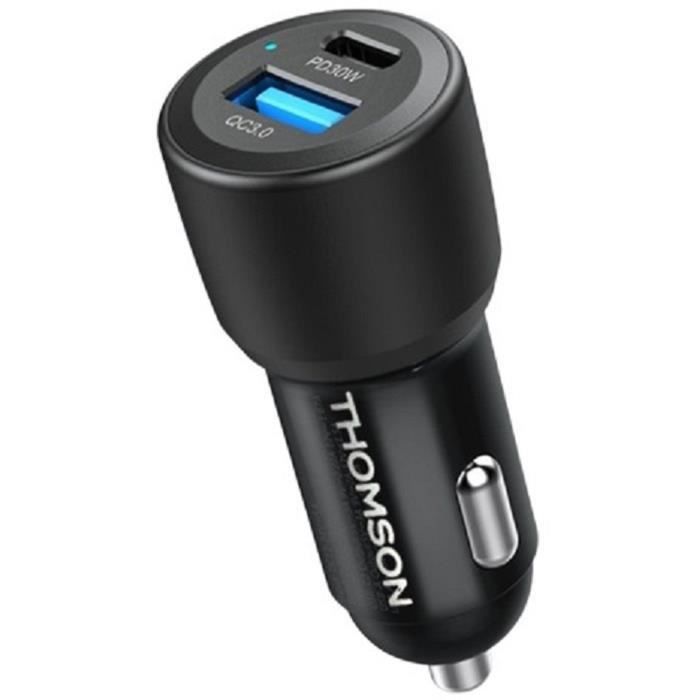 Caricabatterie per auto - THOMSON - 60 W - Tecnologia gan di nuova generazione - USB-C - PD 30 W + USB-A QC 3.0 - 30 W