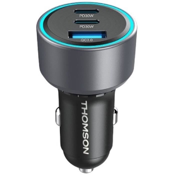 Caricabatterie da auto - THOMSON - 60 W - Tecnologia gan di nuova generazione - 2 USB-C - PD 30 W + USB-A - QC 3.0 - 18 W
