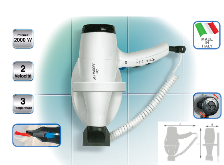 Asciugacapelli Johnson Potenza Professionale Versatile Hotel Albergo Filo 2000W