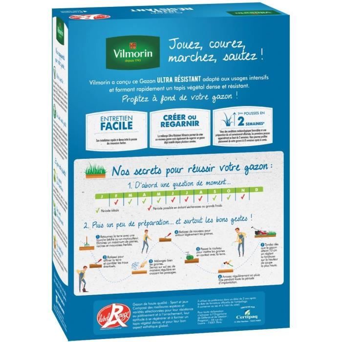 Semi di erba VILMORIN - Ultra resistenti - Scatola da 1 kg - Etichetta rossa - Resistenti al calpestio
