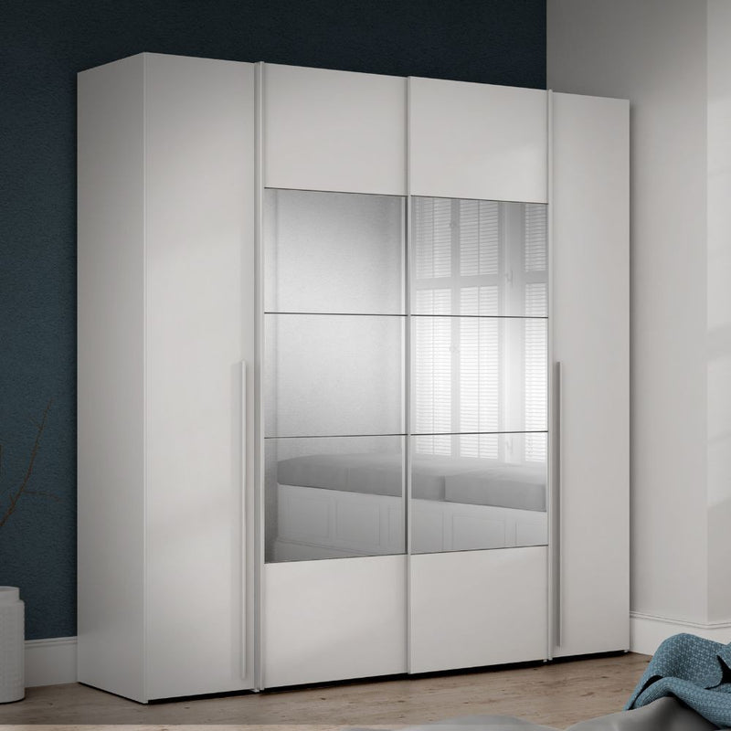 Armadio Callia 2 ante battenti bianco e 2 ante scorrevoli con specchio 200.1x61.2xH210.5 cm.