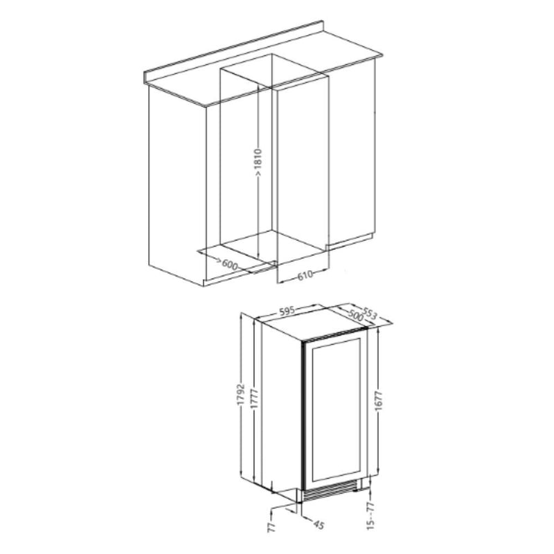 Cantinetta incasso ventilato DW170F1T con maniglia integrata 1 zona di temperatura 105 bottiglie nero classe G
