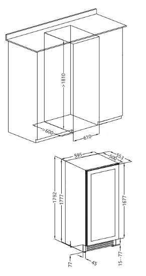 Cantinetta incasso ventilato DW170F2T con maniglia integrata 2 zone di temperatura 105 bottiglie nero classe G