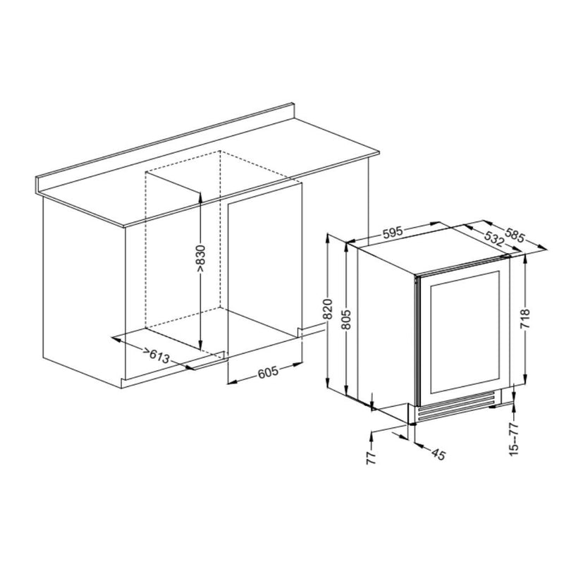 Cantinetta incasso ventilato DW51G1T con maniglia esterna 52 bottiglie nero classe G