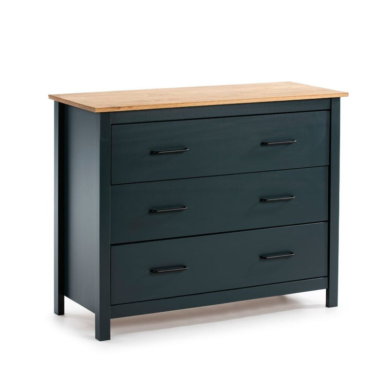 Comò Miranda 3 cassetti in legno massiccio blu e top pino