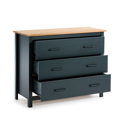 Comò Miranda 3 cassetti in legno massiccio blu e top pino