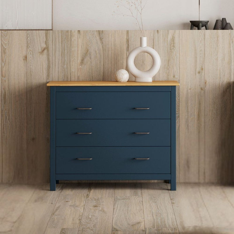 Comò Miranda 3 cassetti in legno massiccio blu e top pino