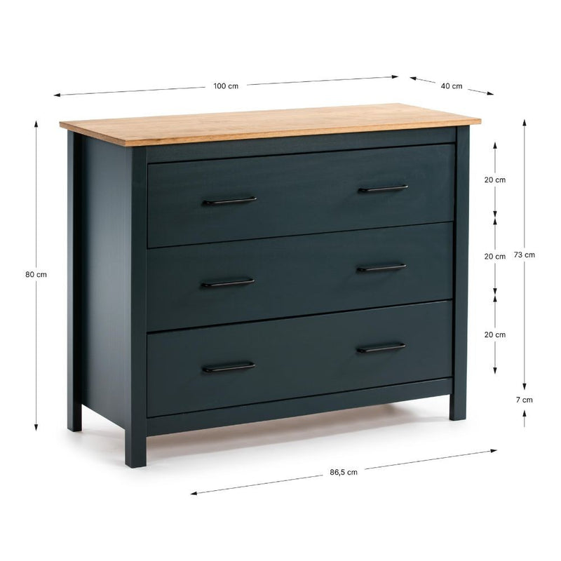 Comò Miranda 3 cassetti in legno massiccio blu e top pino