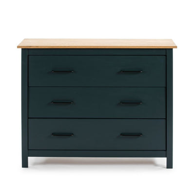 Comò Miranda 3 cassetti in legno massiccio blu e top pino