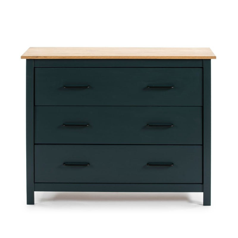 Comò Miranda 3 cassetti in legno massiccio blu e top pino