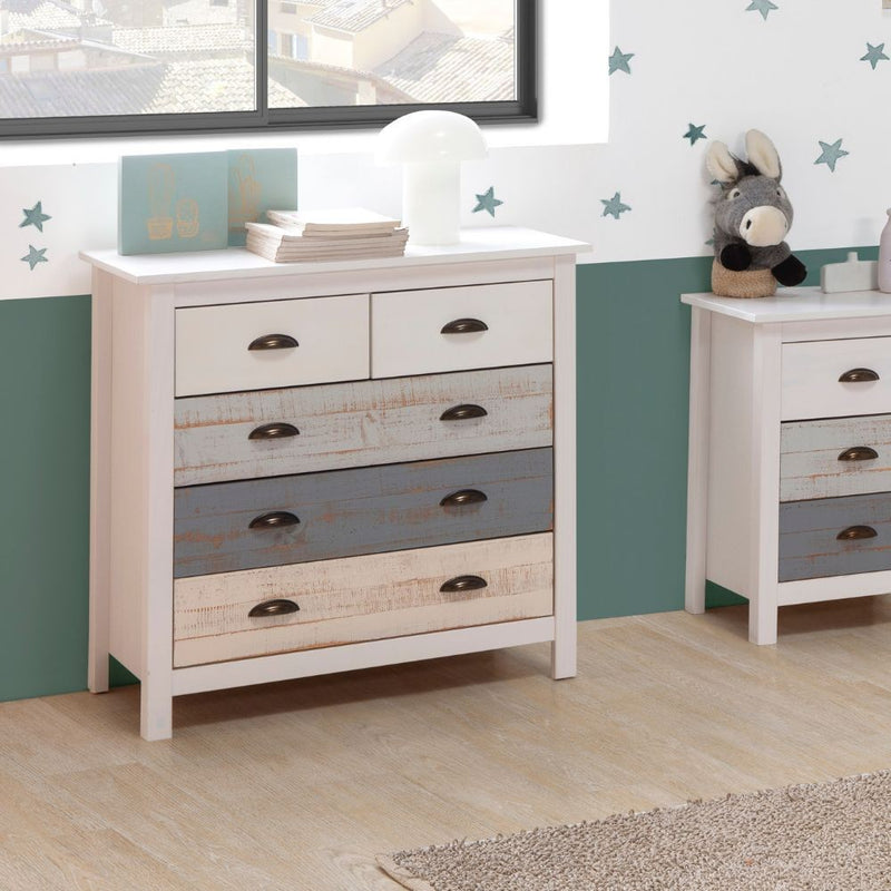 Comò Romantica con 3 cassettoni e 2 cassettini in legno massiccio multicolor