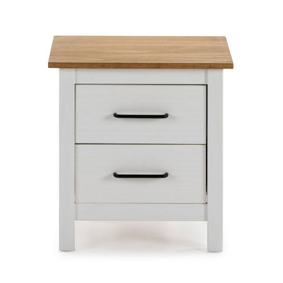 Comodino Miranda 2 cassetti in legno massiccio bianco e top pino