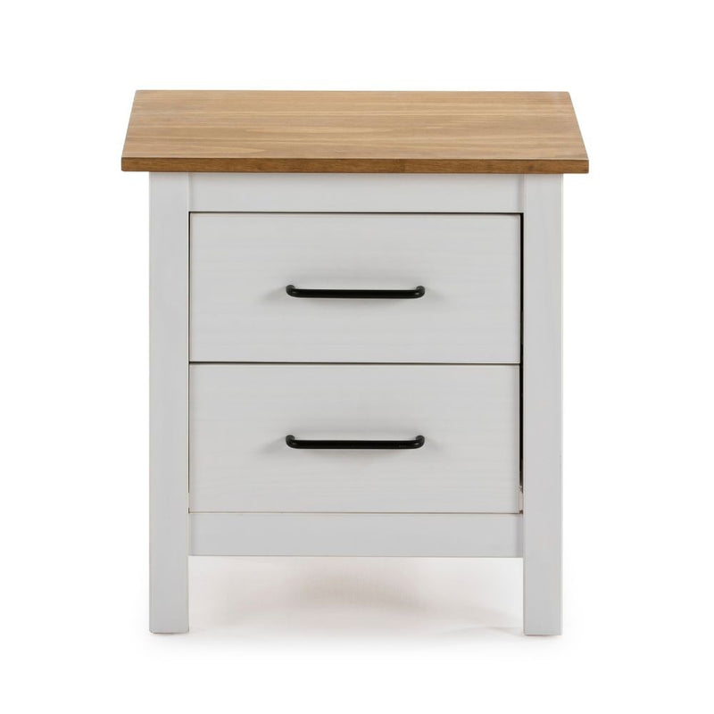 Comodino Miranda 2 cassetti in legno massiccio bianco e top pino