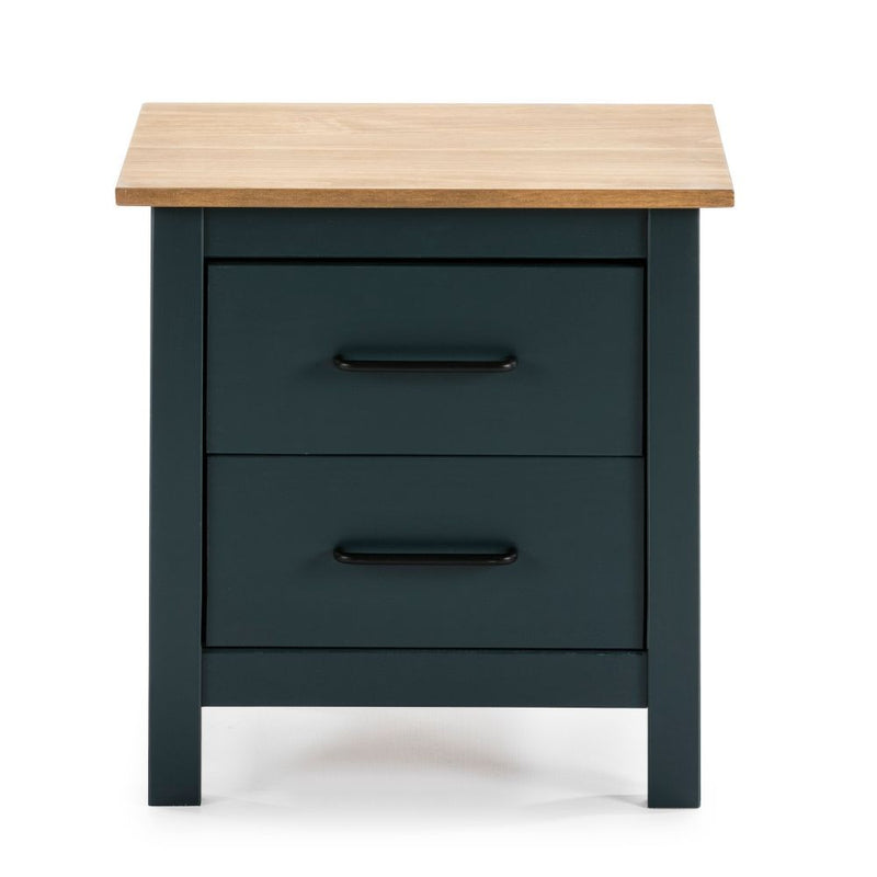 Comodino Miranda 2 cassetti in legno massiccio blu e top pino