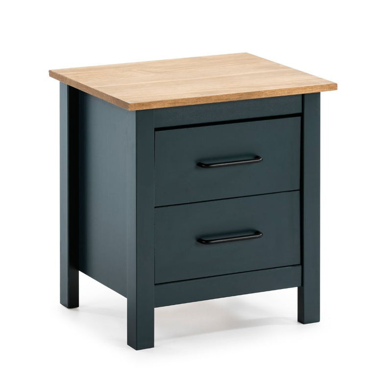 Comodino Miranda 2 cassetti in legno massiccio blu e top pino