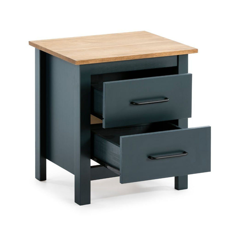Comodino Miranda 2 cassetti in legno massiccio blu e top pino