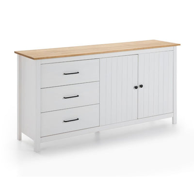 Credenza Miranda con 2 ante e 3 cassetti in legno massiccio bianco con top pino