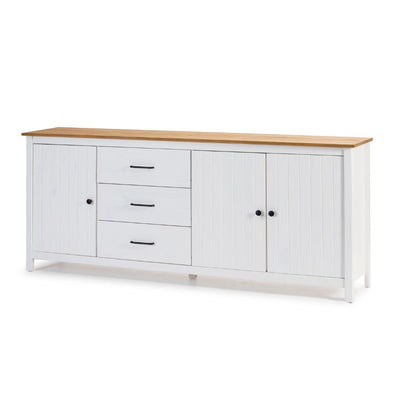 Credenza Miranda con 3 ante e 3 cassetti in legno massiccio bianco con top pino