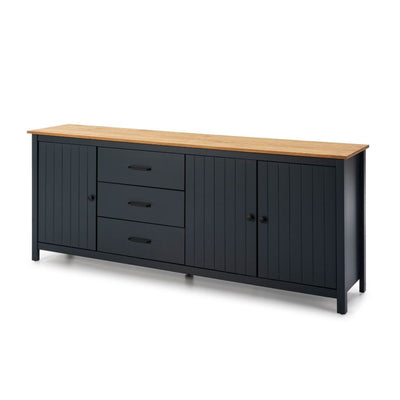 Credenza Miranda con 3 ante e 3 cassetti in legno massiccio blu con top pino