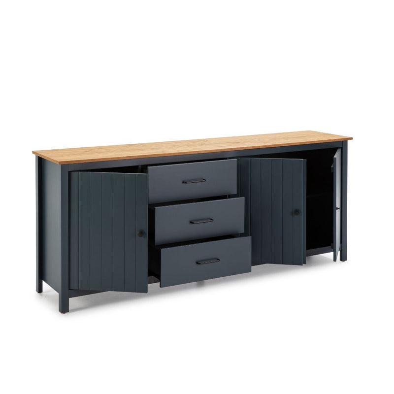 Credenza Miranda con 3 ante e 3 cassetti in legno massiccio blu con top pino