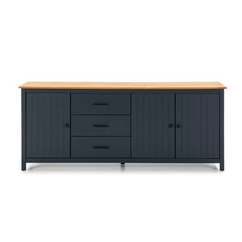 Credenza Miranda con 3 ante e 3 cassetti in legno massiccio blu con top pino