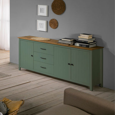 Credenza Miranda con 3 ante e 3 cassetti in legno massiccio verde con top pino