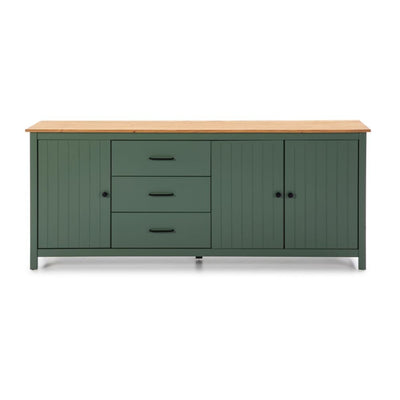 Credenza Miranda con 3 ante e 3 cassetti in legno massiccio verde con top pino