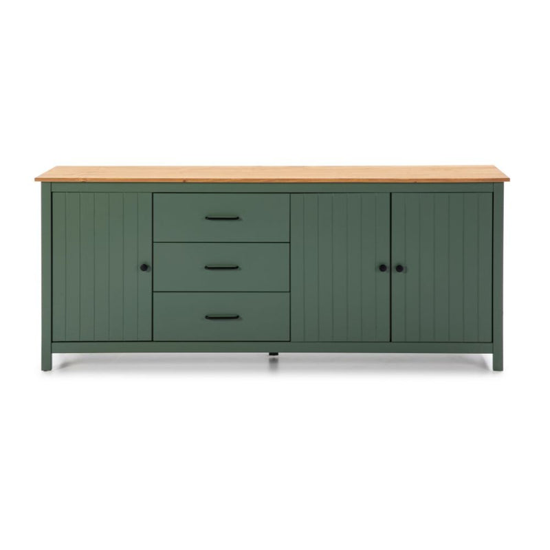 Credenza Miranda con 3 ante e 3 cassetti in legno massiccio verde con top pino