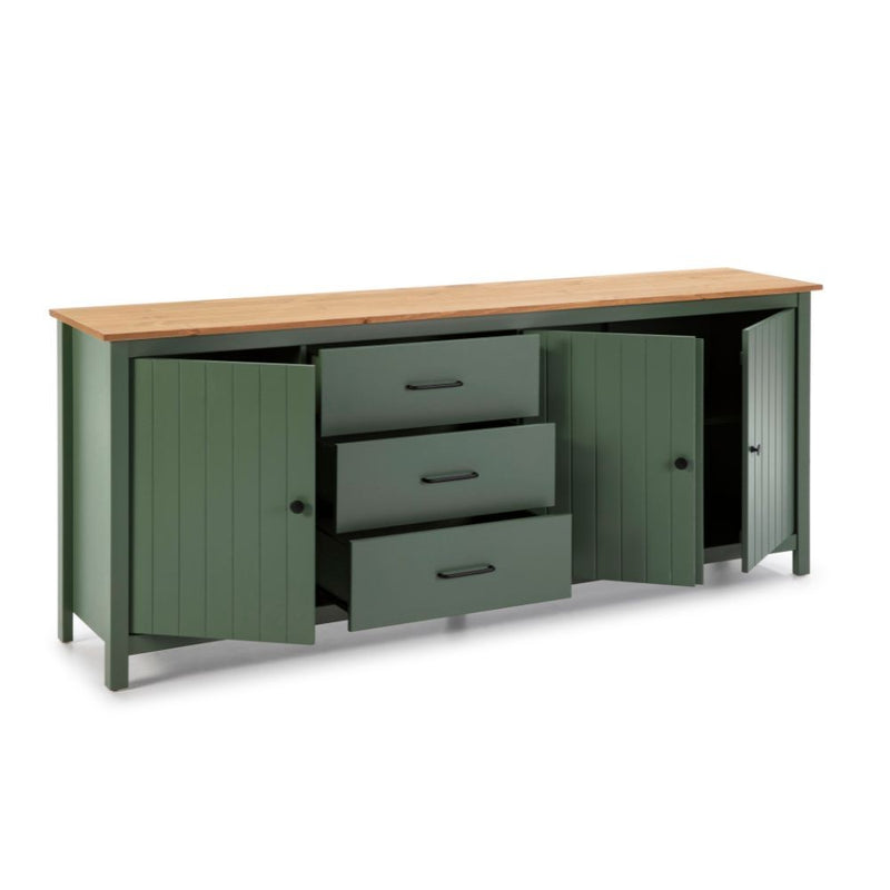 Credenza Miranda con 3 ante e 3 cassetti in legno massiccio verde con top pino
