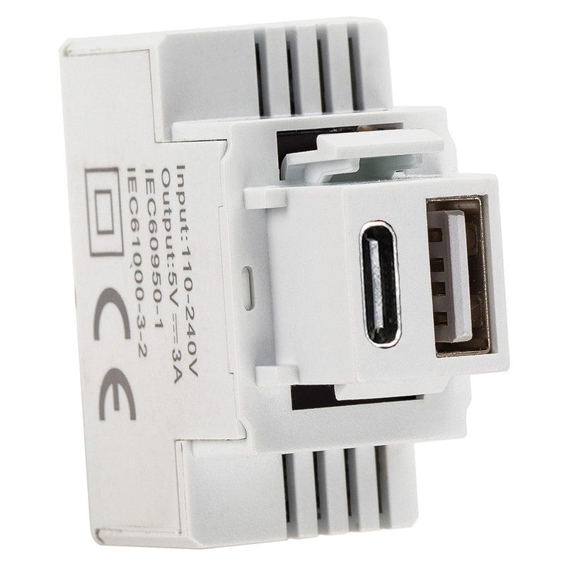 Alimentatore Compatto da Incasso Keystone USB-A e USB-C 20W 5-12V Bianco