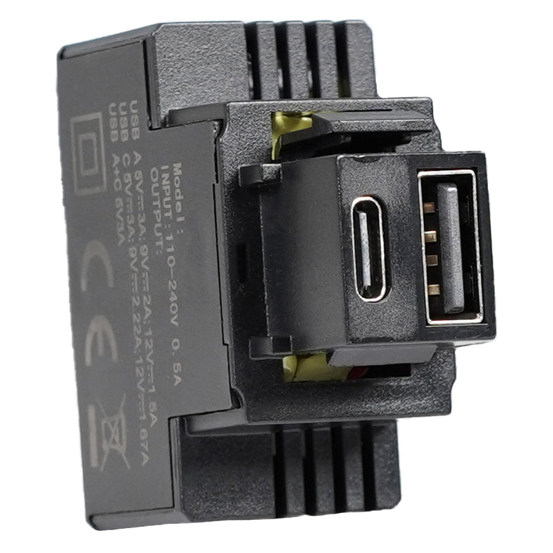 Alimentatore Compatto da Incasso Keystone USB-A e USB-C 20W 5-12V Nero