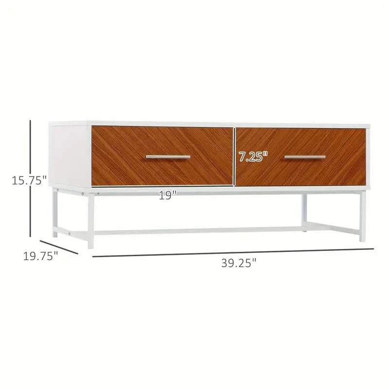 Tavolino da Caffè con 2 Cassetti e Vano Aperto in Legno e Metallo, 100x50x40cm, Bianco e Marrone