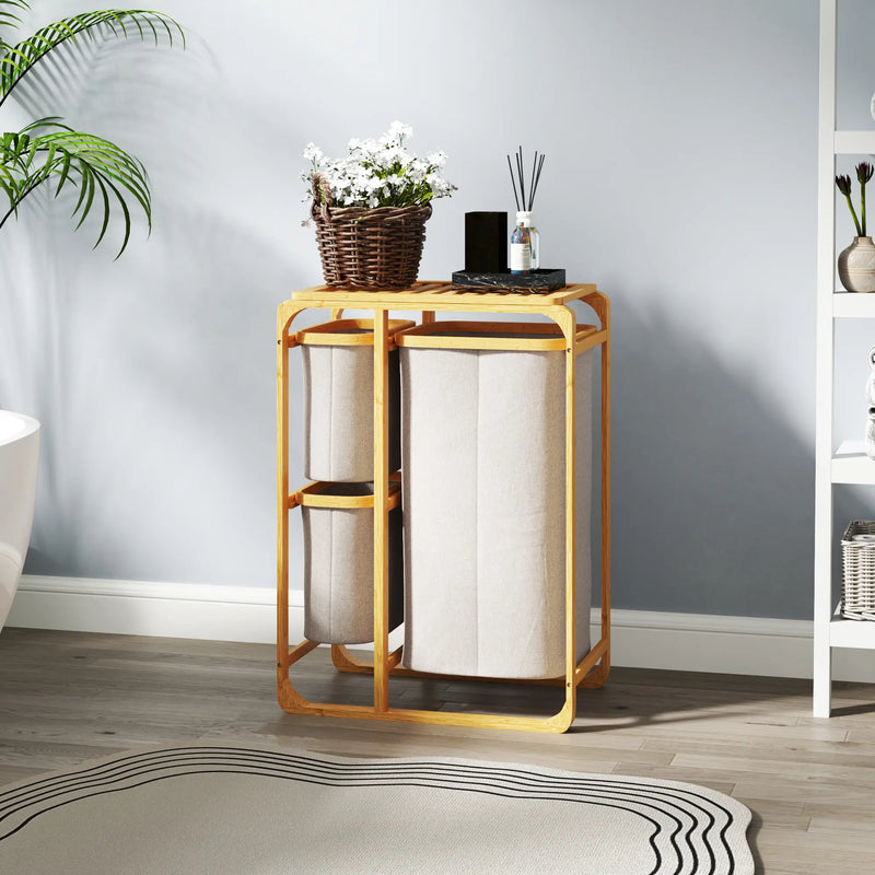 Cestino Portabiancheria in Bambù con 3 Sacchi e Ripiani in Tessuto, 50x32x69.7 cm, color Bambù e Crema