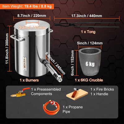 Crogiolo per fusione Kit Forno Fusorio a Gas Propano per Metalli Capienza 6KG Temperatura 1482°C