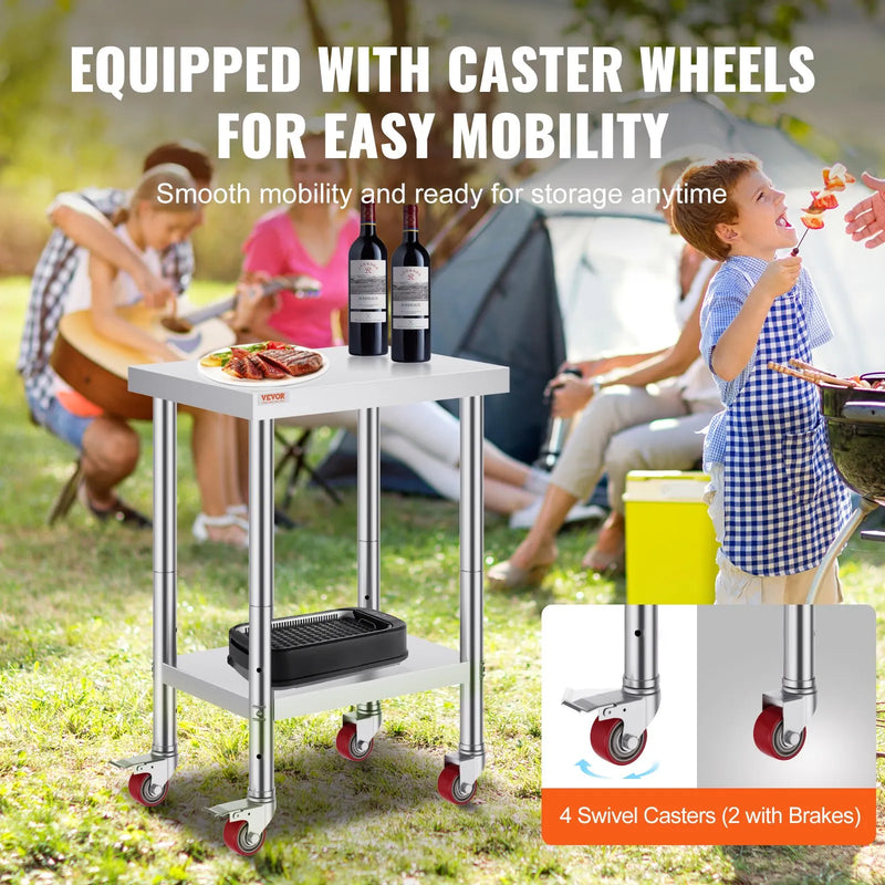 Banco da Lavoro Tavolo da Lavoro in Acciaio Inox 61x45x86cm Piano di Lavoro Professionale a 4 Ruote per La Preparazione di Alimenti