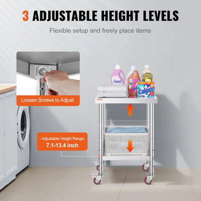 Banco da Lavoro Tavolo da Lavoro in Acciaio Inox 61x45x86cm Piano di Lavoro Professionale a 4 Ruote per La Preparazione di Alimenti