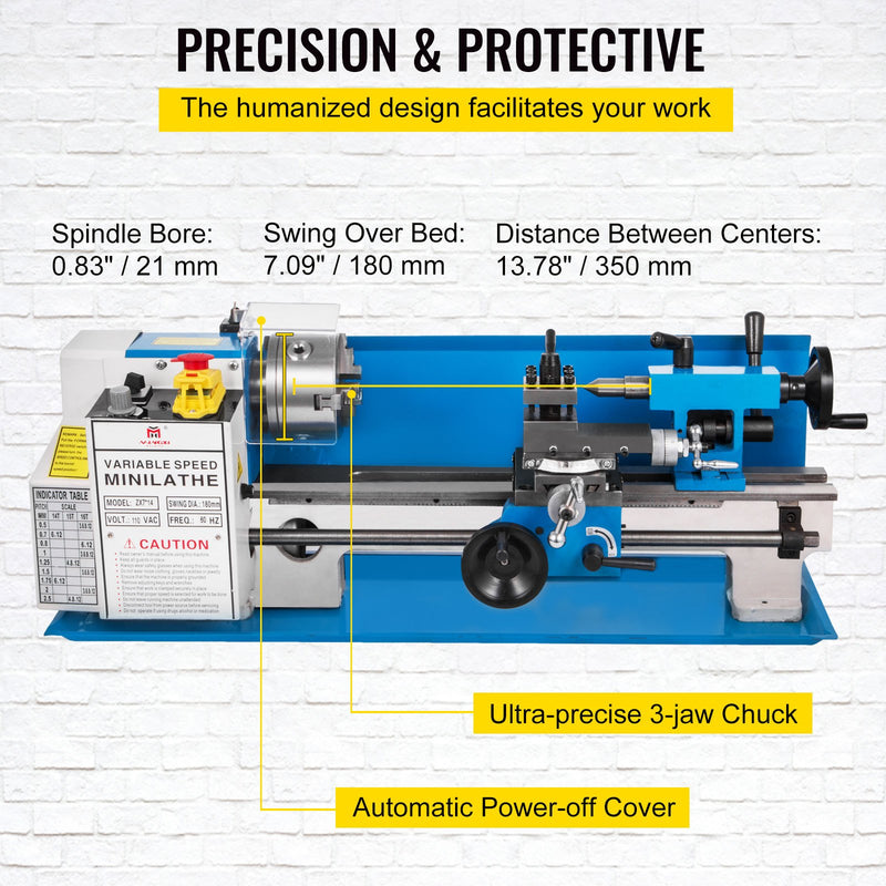 Mini Tornio 550 W in Metallo da Banco Velocità Regolabile con 3 Griffe, Mini Macchina di Tornio da Tavolo per Lavorazione di Modello 77 x 21,7 x 29,7cm, Tornio per Metallo con Graffe