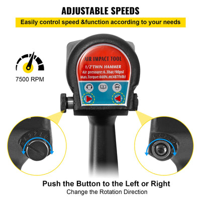 Avvitatore a Impulsi, 487ft-lb Avvitatori a Massa Battente in Acciaio e Alluminio, Dimensioni Unità Quadrate 12,7mm Trapano Avvitatore a Percussione Nero, Velocità 7500 rpm, per Riparazione Auto