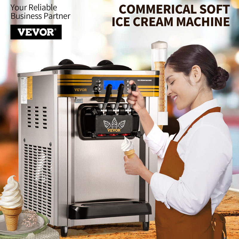 Gelatiera da Banco a 3 Gusti, Macchina Commerciale per Gelato Soft da 22-30 L/ora, Gelatiera da 2350W con Accessori Completi, Utilizzo per Gelato Soft, Yogurt, Crema Pasticcera e Sorbetto, ecc.