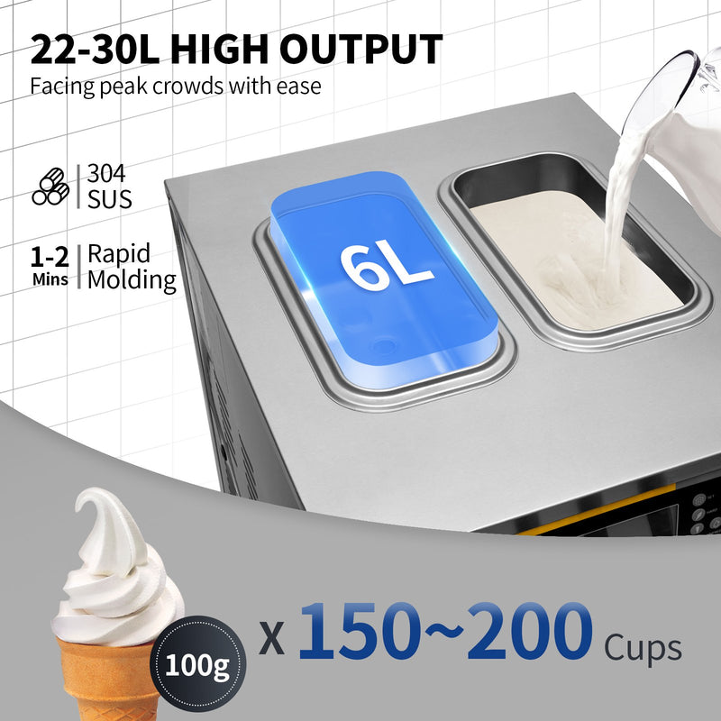 Gelatiera da Banco a 3 Gusti, Macchina Commerciale per Gelato Soft da 22-30 L/ora, Gelatiera da 2350W con Accessori Completi, Utilizzo per Gelato Soft, Yogurt, Crema Pasticcera e Sorbetto, ecc.